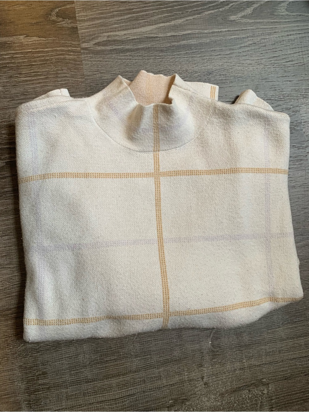 Anthropologie Cream Plaid Mock Neck Sweater with Tan Windowpane